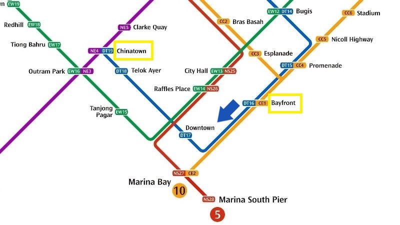 MRT(地下鉄)でマリーナベイサンズからマックスウェルフードセンターへ行く